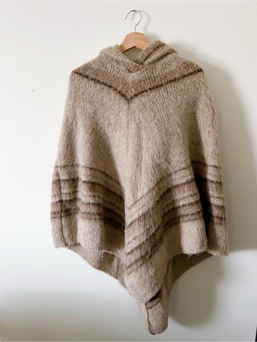 Vintage 100% Icelandic Wool Hooded Poncho Sweater in Taupe with Stripes
